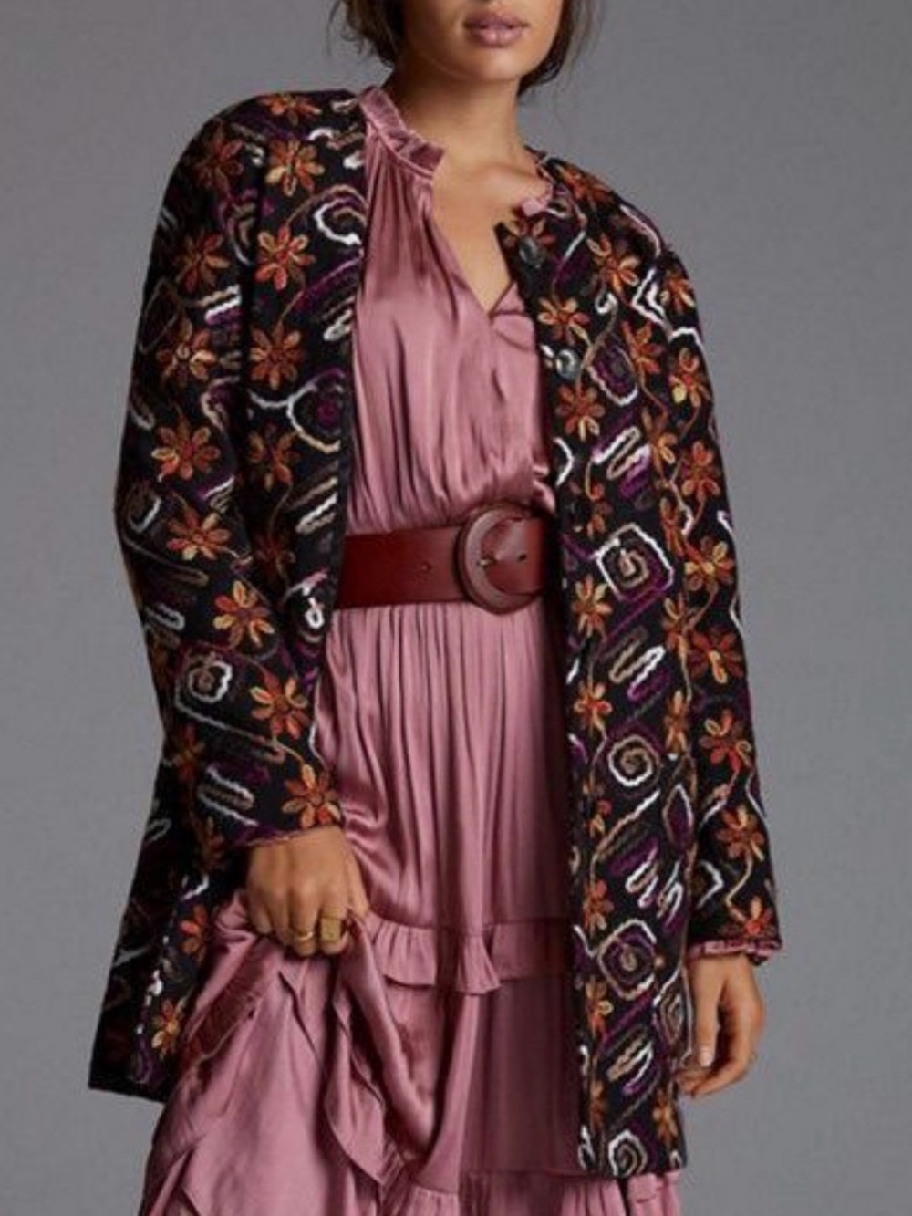 Hutch Floral Embroidered Coat Black Multi Textured Crewneck Jacket Size XS